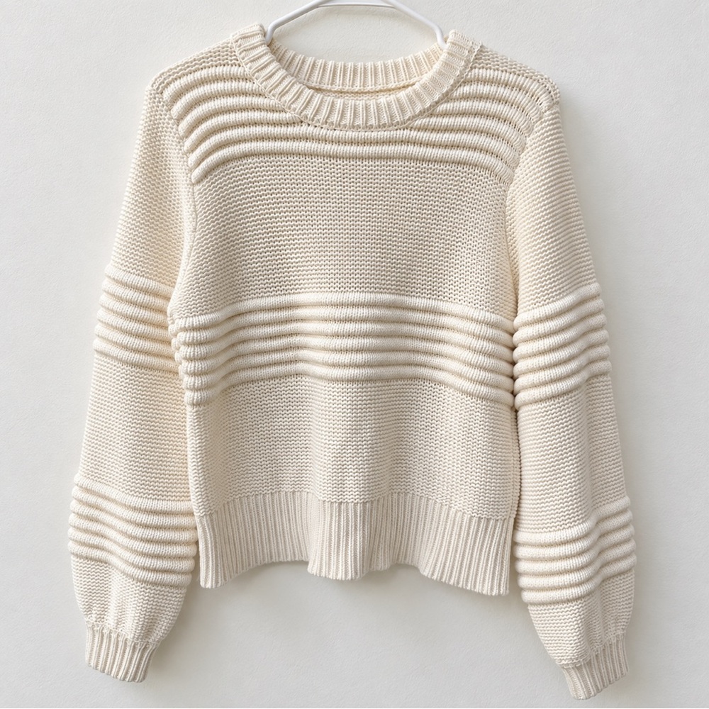 SANCIA Cream Textured Ribbed Knit Sweater Relaxed Pullover - Picture 2 of 5